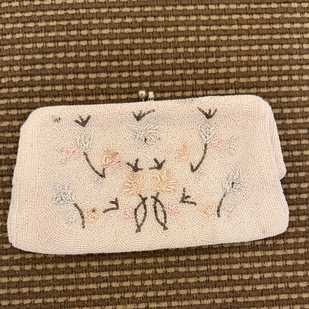 Elegant Beaded Clutch in Cream and Tan